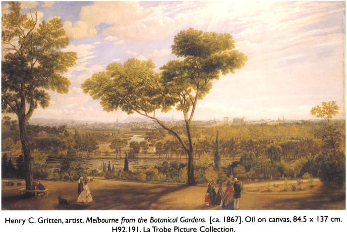 Henry C. Gritten, artist. Melbourne from the Botanical Gardens. [ca. 1867]. Oil on canvas, 84.5 × 137 cm. H92.191. La Trobe Picture Collection.  [oil painting]