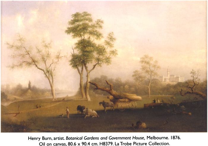 Henry Burn, artist. Botanical Gardens and Government House, Melbourne. 1876. Oil on canvas, 80.6 × 90.4 cm. H8379. La Trobe Picture Collection.  [oil painting]