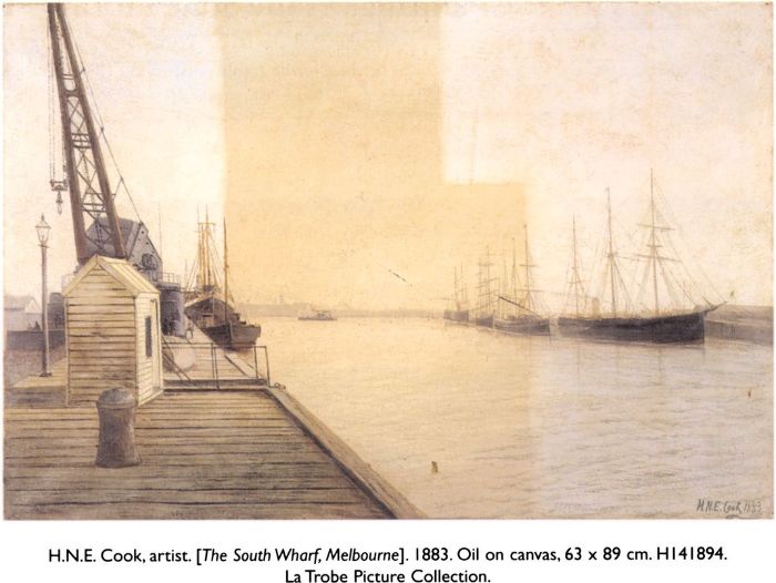 H.N.E. Cook, artist. [The South Wharf, Melbourne]. 1883. Oil on canvas, 63 × 89 cm. H141894. La Trobe Picture Collection.  [oil painting]