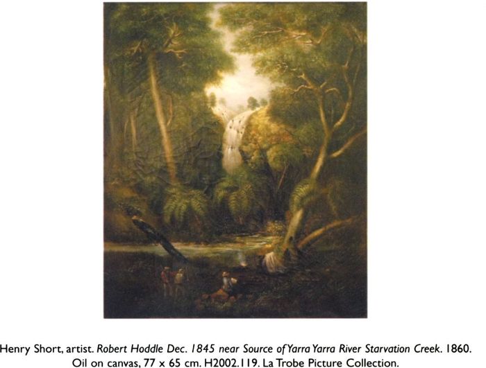 Henry Short, artist. Robert Hoddle Dec. 1845 near Source of Yarra Yarra River Starvation Creek. 1860. Oil on canvas, 77 × 65 cm. H2002.119. La Trobe Picture Collection.  [oil painting]