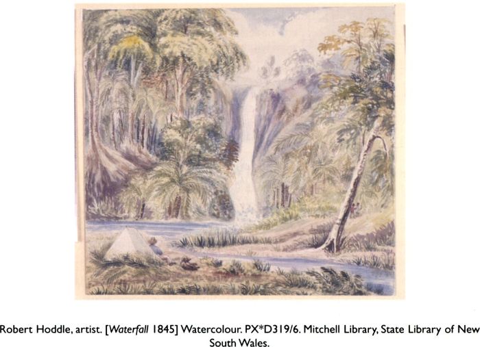 Robert Hoddle, artist. [Waterfall 1845] Watercolour. PX*D319/6. Mitchell Library, State Library of New South Wales. [watercolour painting]