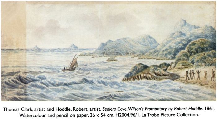 Thomas Clark, artist and Hoddle, Robert, artist. Sealers Cove, Wilson's Promontory by Robert Hoddle. 1861. Watercolour and pencil on paper, 26 × 54 cm. H2004.96/1. La Trobe Picture Collection. [watercolour painting]