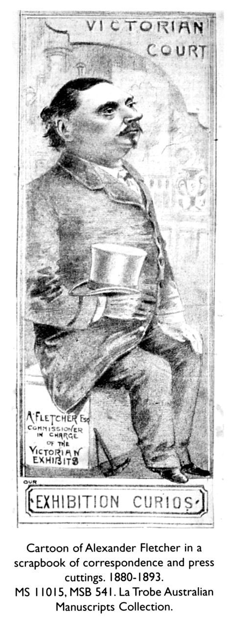 Cartoon of Alexander Fletcher in a scrapbook of correspondence and press cuttings. 1880-1893. MS 11051, MSB 541. La Trobe Australian Manuscript Collection. [print]