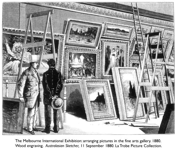 The Melbourne International Exhibition: arranging pictures in the fine arts gallery. 1880. Wood engraving. Australasian Sketcher, 11 September 1880. La Trobe Picture Collection. [wood engraving]