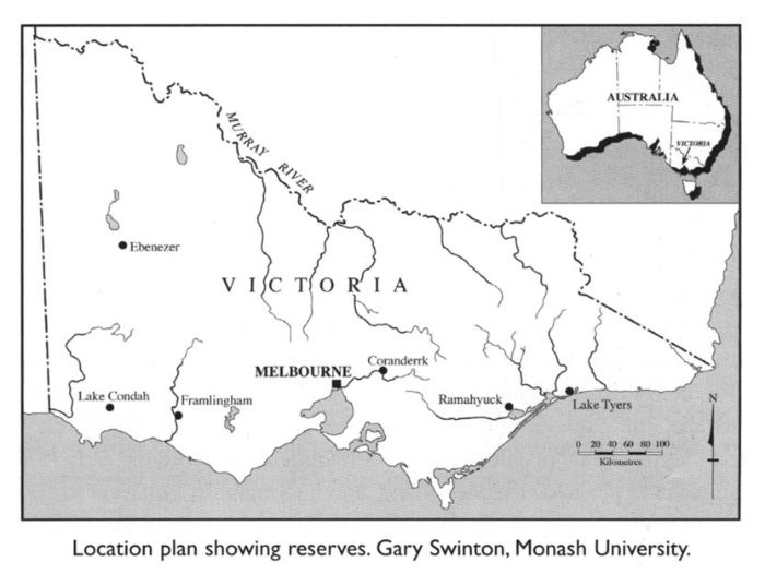 Location plan showing reserves. Gary Swinton, Monash University.