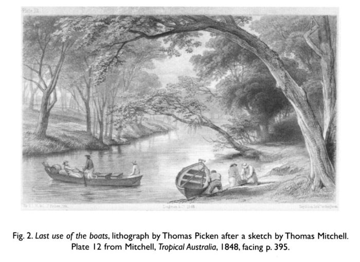 Fig. 2. Last use of the boats, lithograph by Thomas Picken after a sketch by Thomas Mitchell. Plate 112 from Mitchell, Tropical Australia, 1848, facing p. 395.