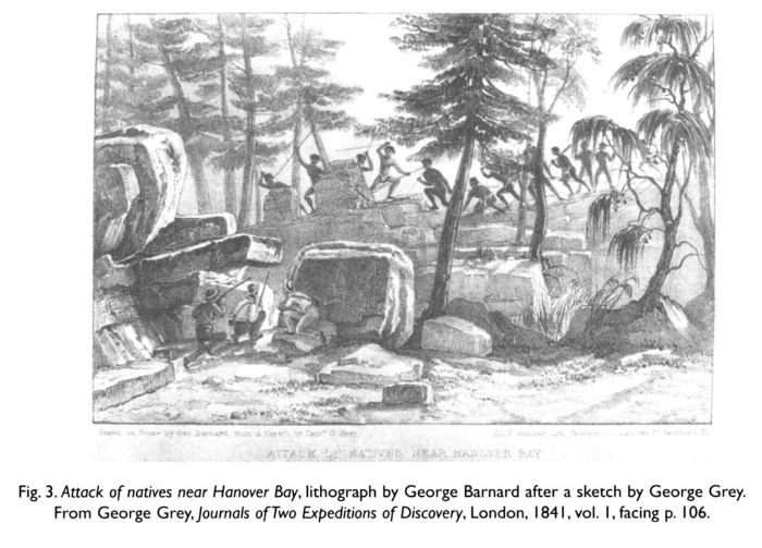 Fig. 3. Attack of natives near Hanover Bay, lithograph by George Barnard after a sketch by George Grey. From George Grey, Journals of Two Expeditions of Discovery, London, 1841, vol. 1, facing p. 106.