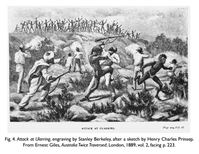 Fig. 4. Attack at Ularring, engraving by Stanley Berkeley, after a sketch by Henry Charles Prinsep. From Ernest Giles, Australia Twice Traversed, London, 1889, vol. 2, facing p. 223.