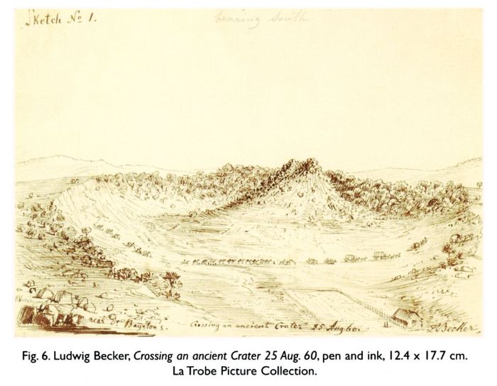 Fig. 6. Ludwig Becker, Crossing an ancient Crater 25 Aug. 60, pen and ink, 12.4 x 17.7 cm. La Trobe Picture Collection.