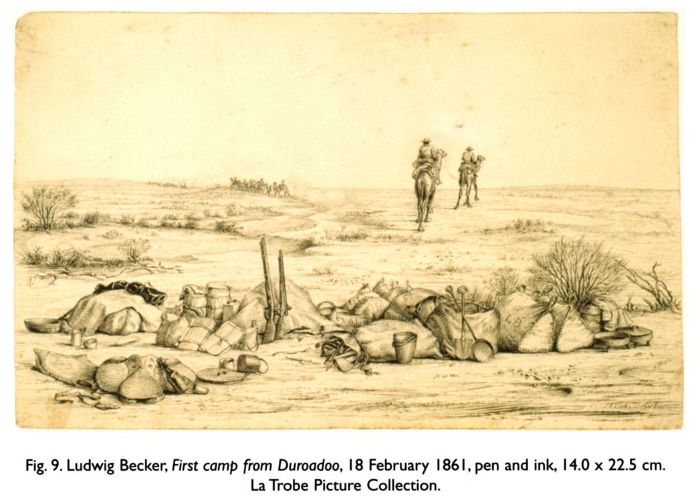 Fig. 9 Ludwig Becker, First camp from Duroadoo, 18 February 1861, pen and ink, 14.0 x 22.5 cm. La Trobe Picture Collection.