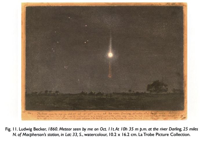 Fig. 11. Ludwig Becker, 1860. Meteor seen by me on Oct. 11t. At 10h 35 m p.m. at the river Darling 25 miles N. of Macpherson's station, in Lat: 33, S., watercolour, 10.2 x 16.2 cm. La Trobe Picture Collection.