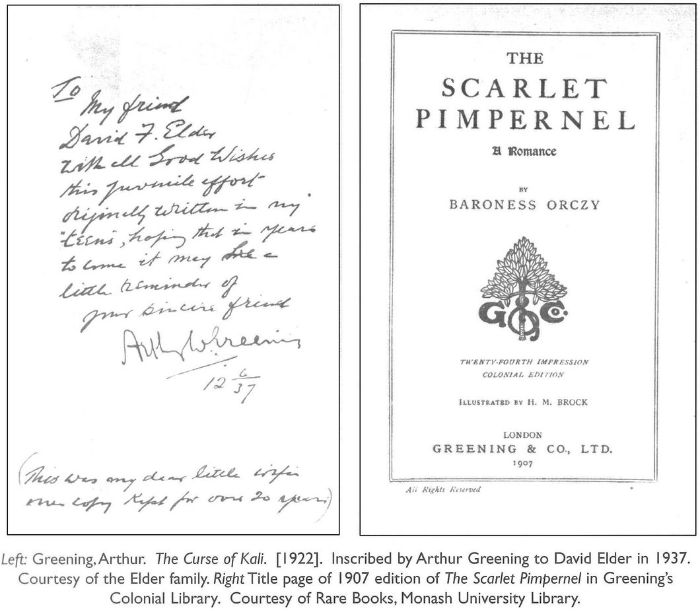 Left: Greening, Arthur. The Curse of Kali. [1922]. Inscribed by Arthur Greening to David Elder in 1937. Courtesy of the Elder family. 