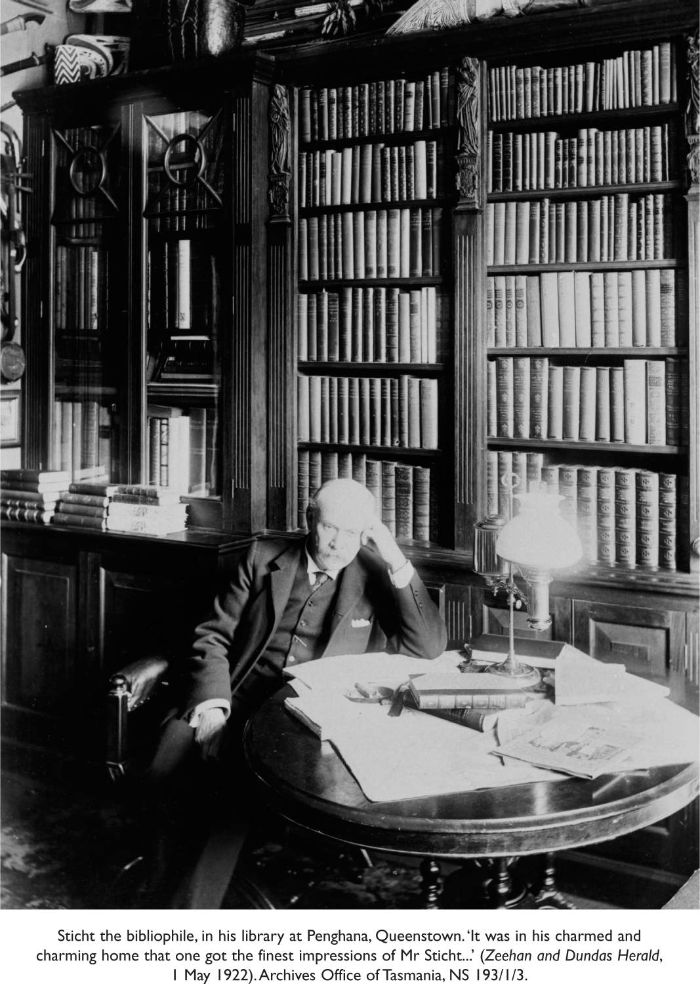 Sticht the bibliophile, in his library at Penghana, Queenstown. 'It was in his charned and charning home that one got the finest impressions of Mr Sticht...' (Zeehan and Dundas Herald, 1 May 1922). Archives Office of Tasmania, NS 193/1/3. [photograph]
