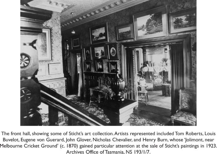 The front hall, showing some of Sticht's art collection. Artists represented included Tom Roberts, Louis Buvelot, Eugene vo Guerard, John Glover, Nicholas Chevalier, and Henry Burn, whose 'Jolimont, near Melbourne Cricket Ground' (c. 1870) gained particular attention at the sale of STicht's paintings in 1923. Archives Office of Tasmania, NS 193/1/7.  [photograph]