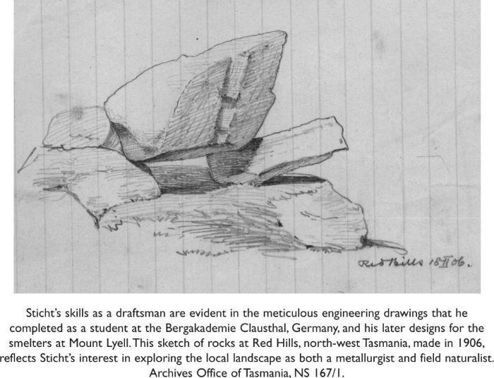 Sticht's skills as a draftsman are evident in the meticulous engineering drawings that he completed as a student at the Bergakademie Clausthal, Germany, and his later designs for the smelters at Mount Lyell. This sketch of rocks at Red Hills, north-west Tasmania, made in 1906, reflects Sticht's interest in exploring the local landscape as both a metallurgist and field naturalist. Archives Office of Tasmania, NS 167/1. [drawing]