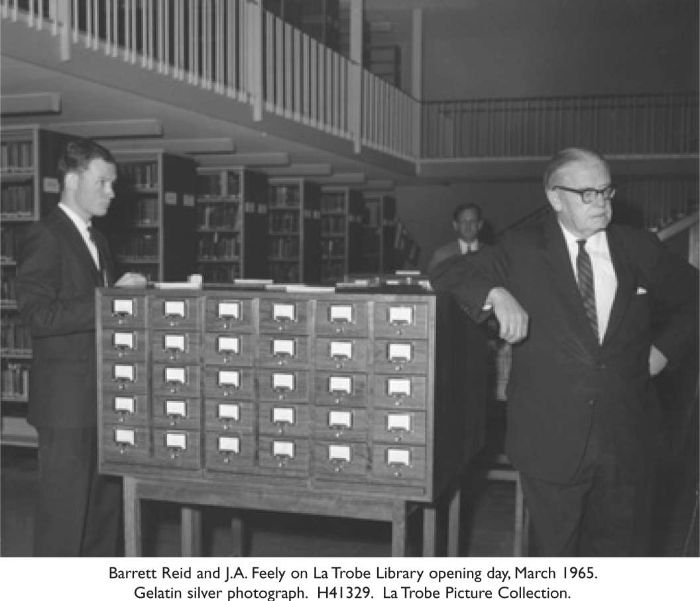 Barrett Reid and J.A. Feely on La Trobe Library opening day, March 1965. Gelatin silver photograph. H41329. La Trobe Picture Collection. [photograph]