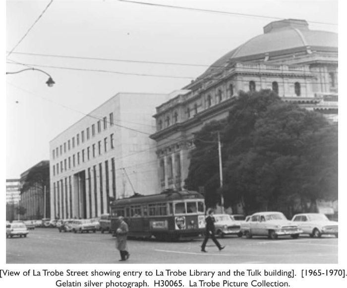 View of La Trobe Street showing entry to La Trobe Library and the Tulk building. 1965-1970. Gelatin silver photograph. H30065. La Trobe Picture Collection. [photograph]