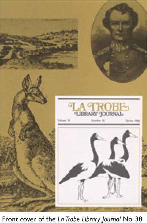Front cover of the La Trobe Library Journal No. 38. Spring 1986 Volume 10 Number 38. [journal cover]