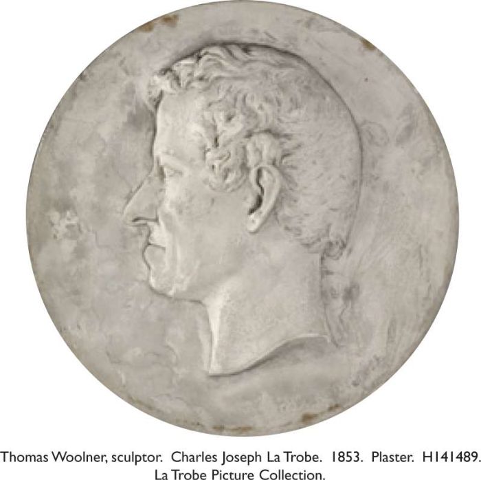 Thomas Woolner, sculptor. Charles Joseph La Trobe. 1853. Plaster. H141489. La Trobe Picture Collection. [portrait medallion]