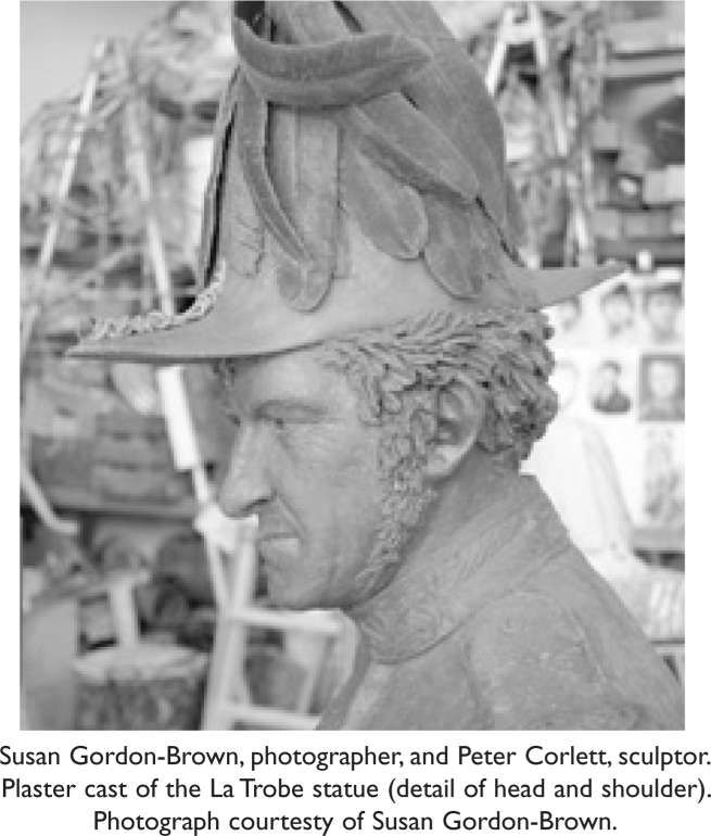 Susan Gordon-Brown, photographer, and Peter Corlett, sculptor. Plaster cast of the La Trobe statue (detail of head and shoulder). Photograph courtesty of Susan Gordon-Brown. [photograph]