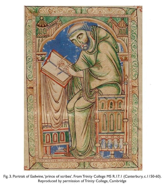 Fig. 3. Portrait of Eadwine, ‘prince of scribes’. From Trinity College MS R.17.1 (Canterbury, c.1150-60). Reproduced by permission of Trinity College, Cambridge [manuscript illustration]