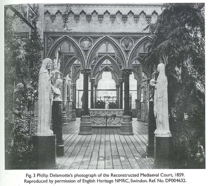 Fig. 3 Phillip Delamotte’s photograph of the Reconstructed Mediaeval Court, 1859. Reproduced by permission of English Heritage NMRC, Swindon. Ref. No. DP004632. [black and white photograph]