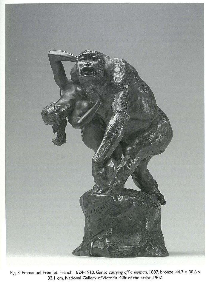 Fig. 3. Emmanuel Frémiet, French 1824-1910. Gorilla carrying off a woman, 1887, bronze, 44.7 x 30.6 x 33.1 cm. National Gallery of Victoria. Gift of the artist, 1907. [bronze statue]