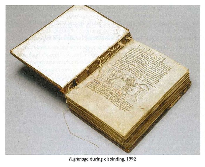 Pilgrimage during disbinding, 1992 [book open, showing sewn binding]