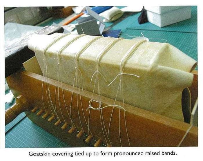 Goatskin covering tied up to form pronounced raised bands.