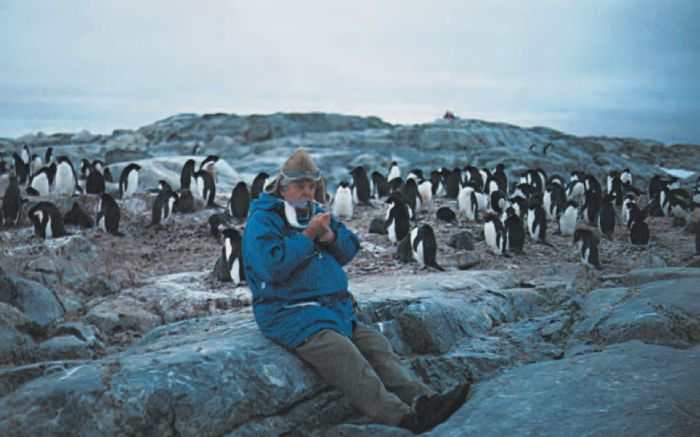 Scenes from Antarctica. Above: Stephen Murray-Smith sitting amongst penguins smoking his pipe. (Photographer unknown. Reproduced courtesy of Nita Murray-Smith) [colour photograph]