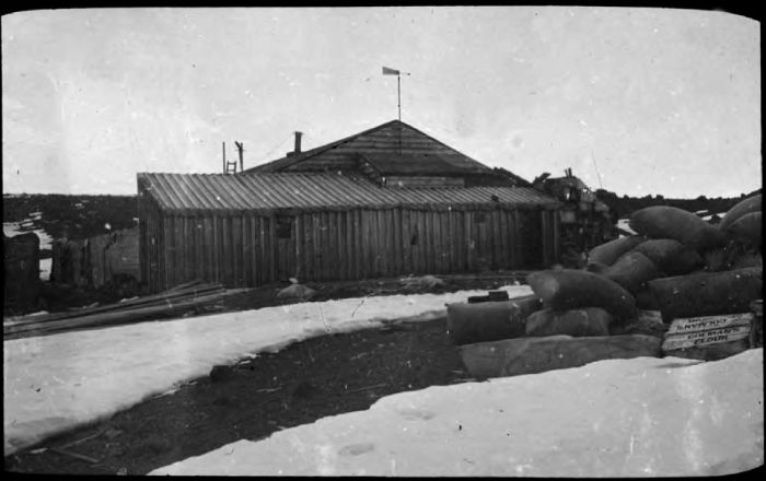 The Hut, C. Evans [Cape Evans] Ross Island. Glass lantern slide, ca. 1914-ca. 1917. [Andrew] Keith Jack, compiler. H82.45/25. La Trobe Picture Collection. [black and white photograph]