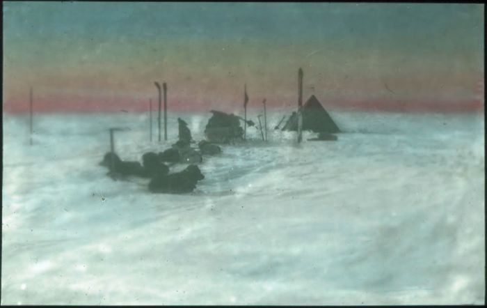 Camp on Great Ross Ice Barrier. Hand-coloured glass lantern slide, ca. 1914-ca. 1917. [Andrew] Keith Jack, compiler. H82.45/29. La Trobe Picture Collection. [hand-coloured photograph]