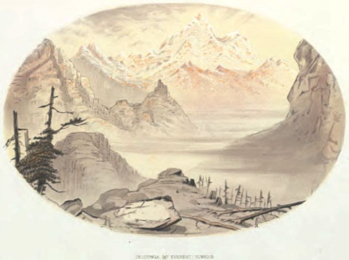 ‘Mount Everest Sunrise’, from ‘A Lady Pioneer’, [attributed to Mrs. Nina E. Mazuchelli], The Indian Alps and How We Crossed Them: being a narrative of two years’ residence in the eastern Himalaya and two months’ tour into the interior, London: Longmans, Green, 1876, p.358. A watercolour sketch by the authoress. Vic Spitzer Collection. [watercolour illustration with caption 'Deodunga (Mt Everest) Sunrise']