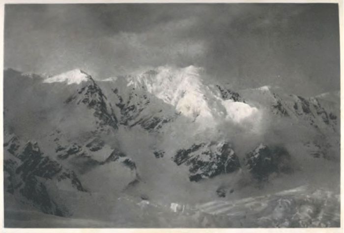 A stunning black and white photo (photogravure reproduction of a photographic plate) of the Newton Glacier in Alaska taken by Vittorio Sella. From The Ascent of Mount St. Elias by H.R.H. Prince Luigi Amedeo di Savoia, Duke of the Abruzzi, narrated by Filippo de Filippi, illustrated by Vittorio Sella and tr. by Signora Linda Villari with the author’s supervision, Westminster: Archibald Constable, 1900, p.124. Vic Spitzer Collection. [black and white photograph]