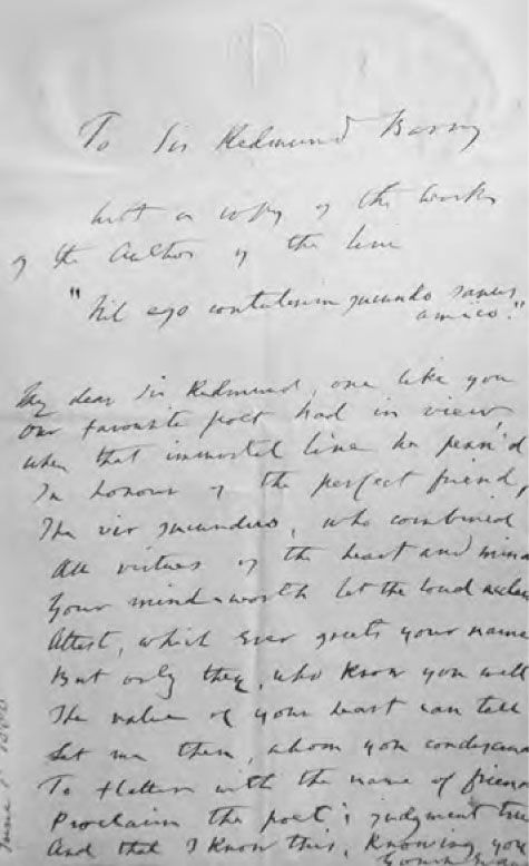 Fig. 5 Letter from Gowan Evans, 1 June 1880, presenting Barry with a copy of Q. Horatii Flacci Opera, London: Bell and Dandy, 1869. Newman College. [one page of a handwritten letter]
