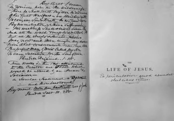 Fig 6 Barry’s annotations on the verso of the front free endpaper to Ernest Renan’s The Life of Jesus, London: Trübner & Co, 1864. Newman College. [book half-title page and facing free endpaper verso with handwritten annotations]