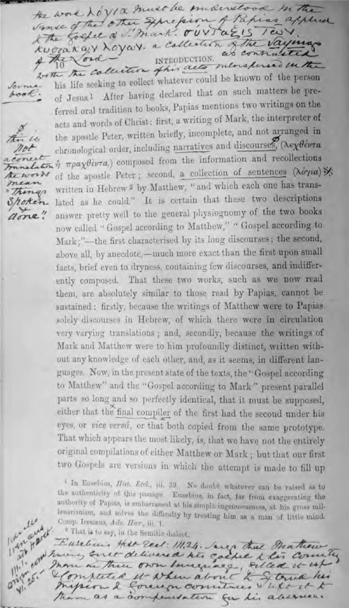 Fig. 7 Evidence of Redmond Barry, lawyer and critical reader, interrogating the text of Ernest Renan’s The Life of Jesus, London: Trübner & Co, 1864. Newman College. [single page from Introduction of printed book, with handwritten annotations]