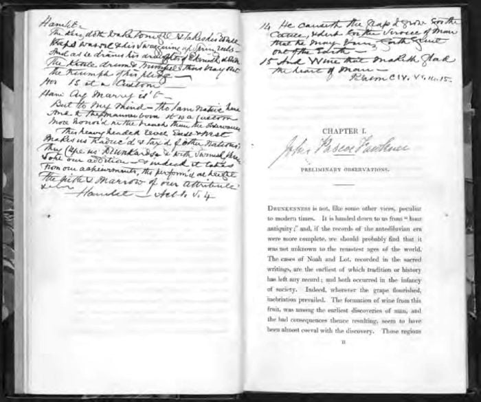 Robert McNish Anatomy of Drunkenness, Glasgow: W. R. McPhun 1832, opening showing John Pascoe Fawkner’s signature and annotations by Redmond Barry. [open book showing chapter one opening and facing page, with handwritten annotations and signature]