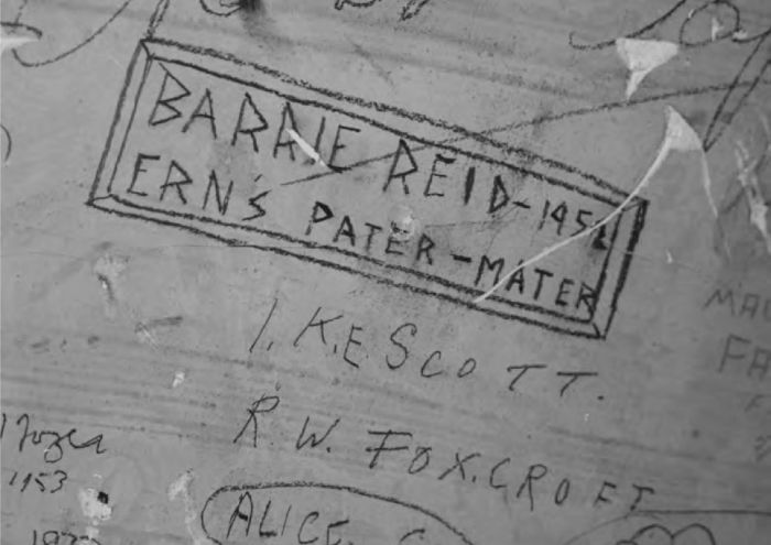 Photograph of detail of a plaster wall covered with handwritten graffiti, on a landing at the base of the dome at the State Library of Victoria. [photograph]