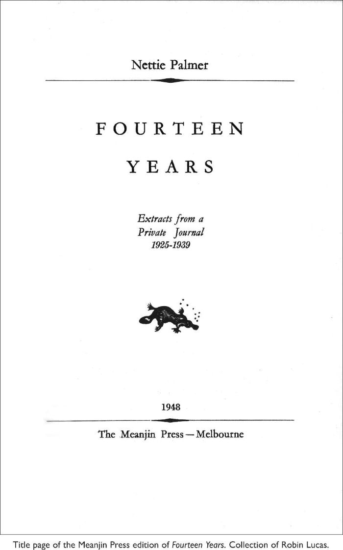 Title page of the Meanjin Press edition of Nettie Palmer's Fourteen Years,1948. Collection of Robin Lucas. [journla title page]