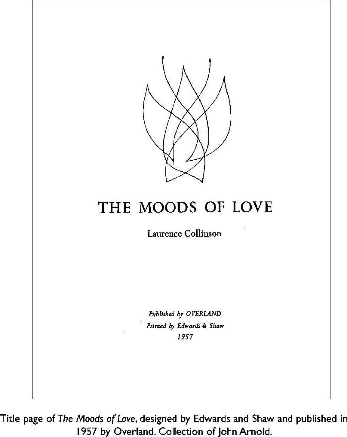 Title page of The Moods of Love, designed by Edwards and Shaw and published in 1957 by Overland. Collection of John Arnold. [book title page]