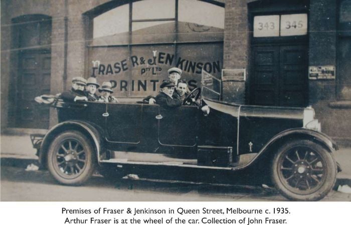 Photograph of men in car outside premises of Fraser & Jenkinson in Queen Street, Melbourne c. 1935. Arthur Fraser is at the wheel of the car. Collection of John Fraser. [photograph]