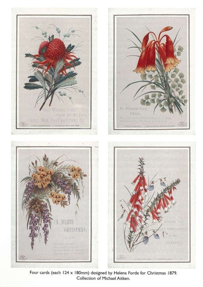 Card (124 x 180mm) designed by Helena Forde for Christmas 1879. Australian floral colour illustration with Christmas greeting text. Collection of Michael Aitken. [printed card]