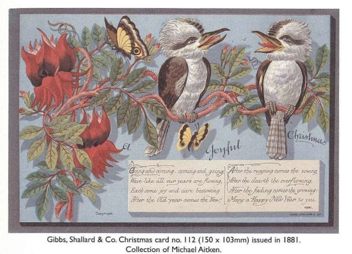 Gibbs, Shallard & Co. Christmas card no. 112 (150 x 103mm) issued in 1881. Colour illustration of flora and fauna, with greeting text. Collection of Michael Aitken. [printed card]