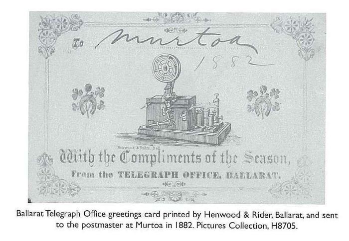 Ballarat Telegraph Office greetings card printed by Henwood & Rider, Ballarat, and sent to the postmaster at Murtoa in 1882. One-colour illustrations, with greeting text. Pictures Collection, H8705. [printed card]