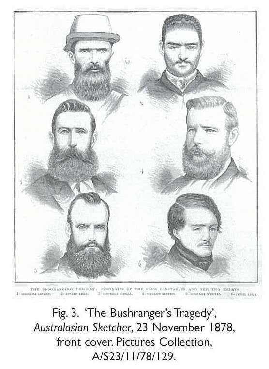 Fig. 3. ‘The Bushranger’s Tragedy’, Australasian Sketcher, 23 November 1878,front cover. Pictures Collection, A/S23/11/78/129. six head-portrait engravings [newspaper illustration]