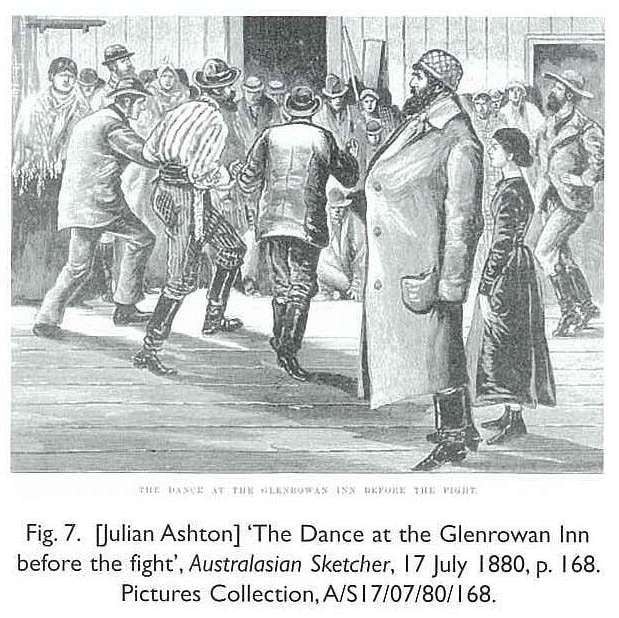 Fig. 7. [Julian Ashton] ‘The Dance at the Glenrowan Inn before the fight’, Australasian Sketcher, 17 July 1880, p. 168. Pictures Collection, /S17/07/80/168. [newspaper illustration]