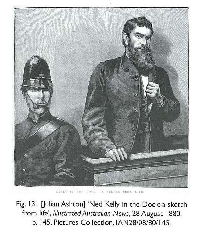 Fig. 13. [Julian Ashton] ‘Ned Kelly in the Dock: a sketch from life’, Illustrated Australian News, 28 August 1880, p. 145. Pictures Collection, IAN28/08/80/145. [newspaper engraved illustration]