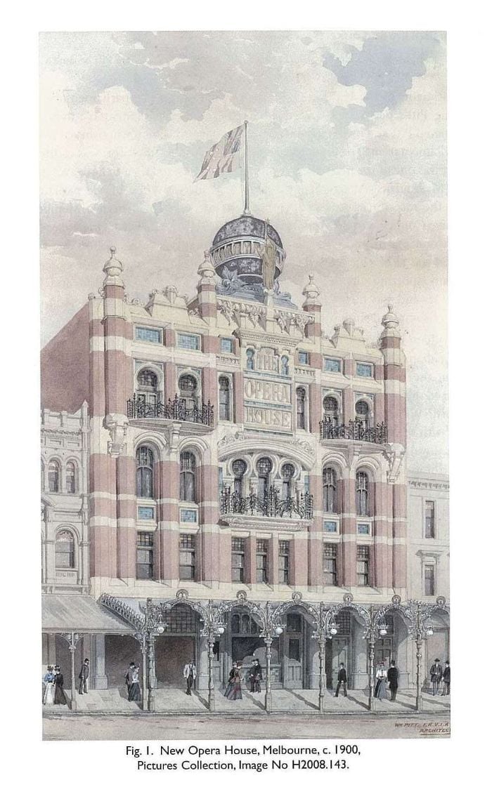 Fig. 1. New Opera House, Melbourne, c. 1900. Pictures Collection, Image No H2008.143. [architectural watercolour painting]