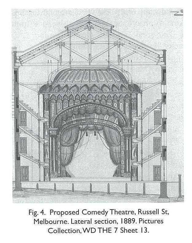 Fig. 4. Proposed Comedy Theatre, Russell St, Melbourne. Lateral section, 1889. Pictures Collection, WD THE 7 Sheet 13. [architectural drawing]